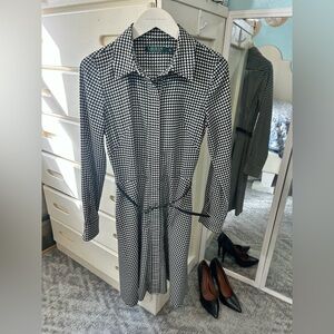 Ralph Lauren Midi Black & White Houndstooth Collard Belted Classy Shirt Dress✨